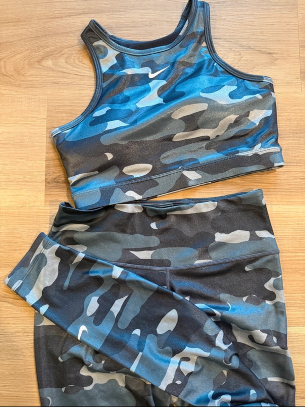 Nike Blue and Gray Camo Sports Bra and Leggings Set